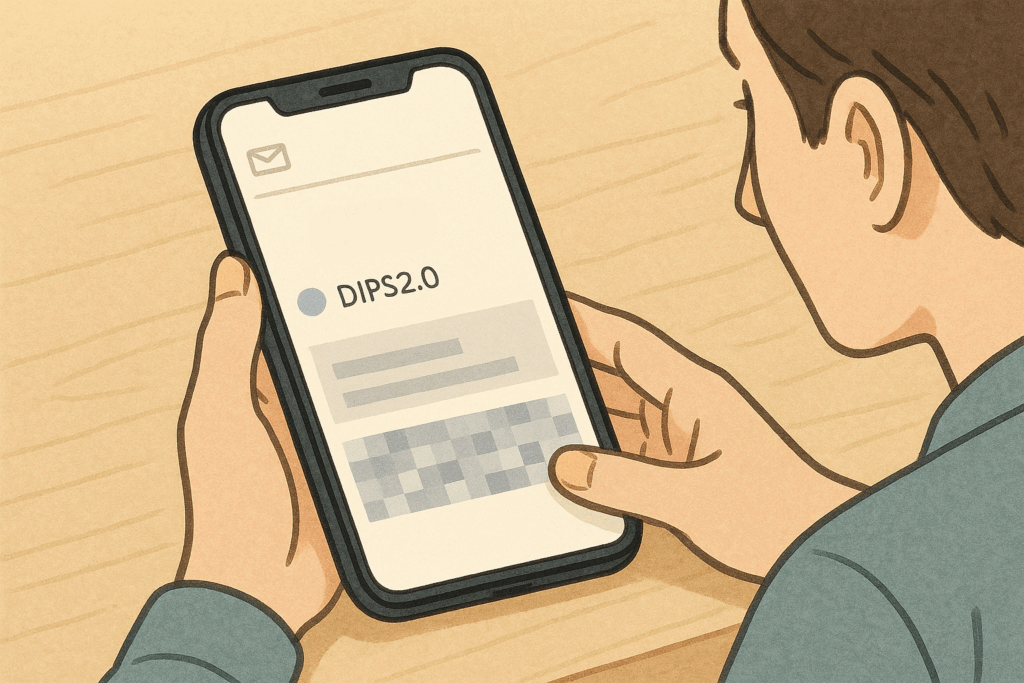 スマートフォン画面にDIPS2.0から届いた更新案内メールが表示されている様子。男性の手元と端末画面が描かれている。