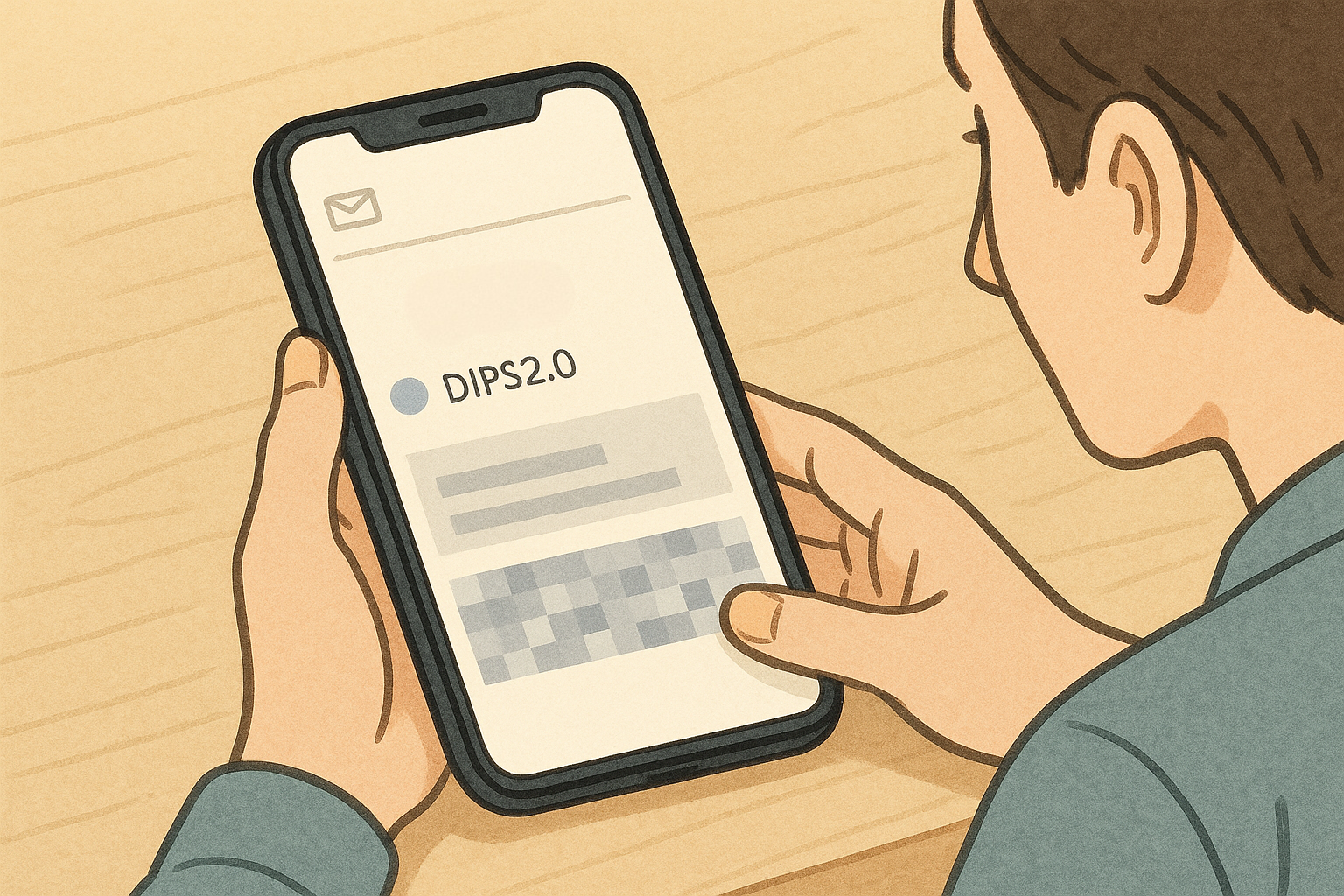 スマートフォン画面にDIPS2.0から届いた更新案内メールが表示されている様子。男性の手元と端末画面が描かれている。