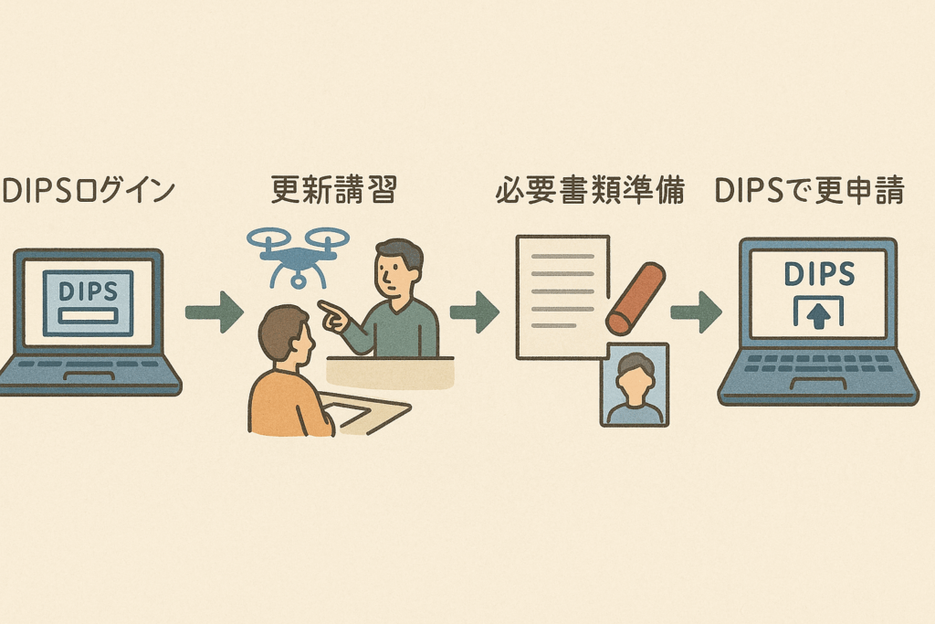 DIPS2.0更新案内に基づく技能証明書更新の流れを示すフローチャート図。左から右に、DIPSログイン、更新講習受講、書類準備、申請手続きの順で矢印が示されている。