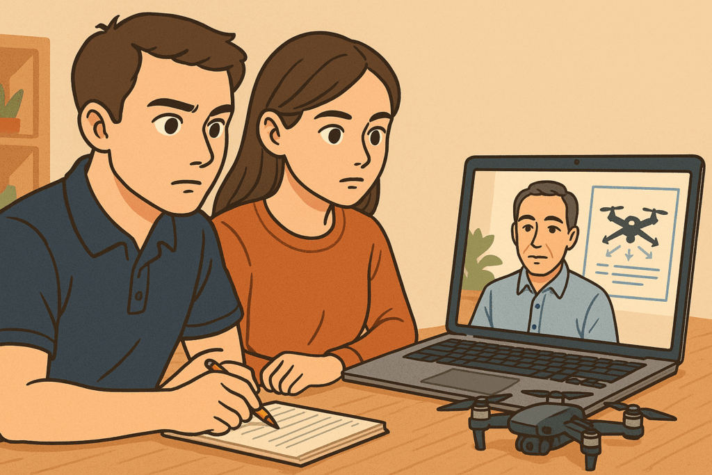 ドローン講習を受講中の男女のイラスト。講義を受ける様子を描いており、JMAドローンスクールの受講風景を想起させる。