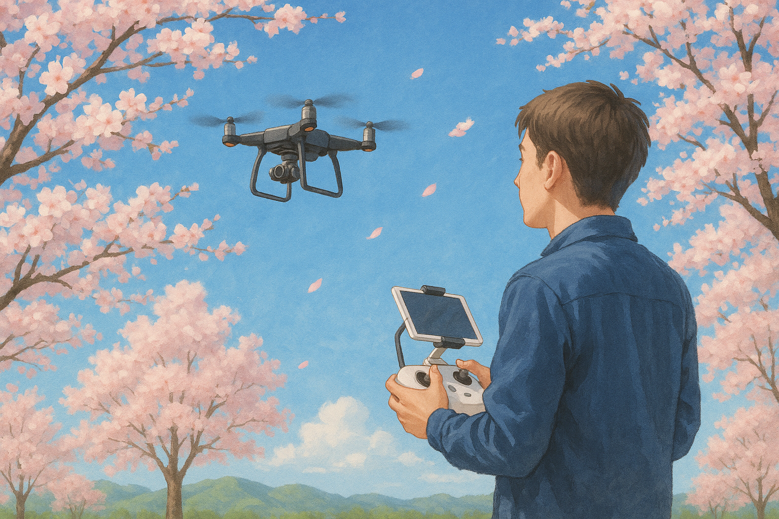 ドローンが青空の下で飛行している様子を描いたイラスト。