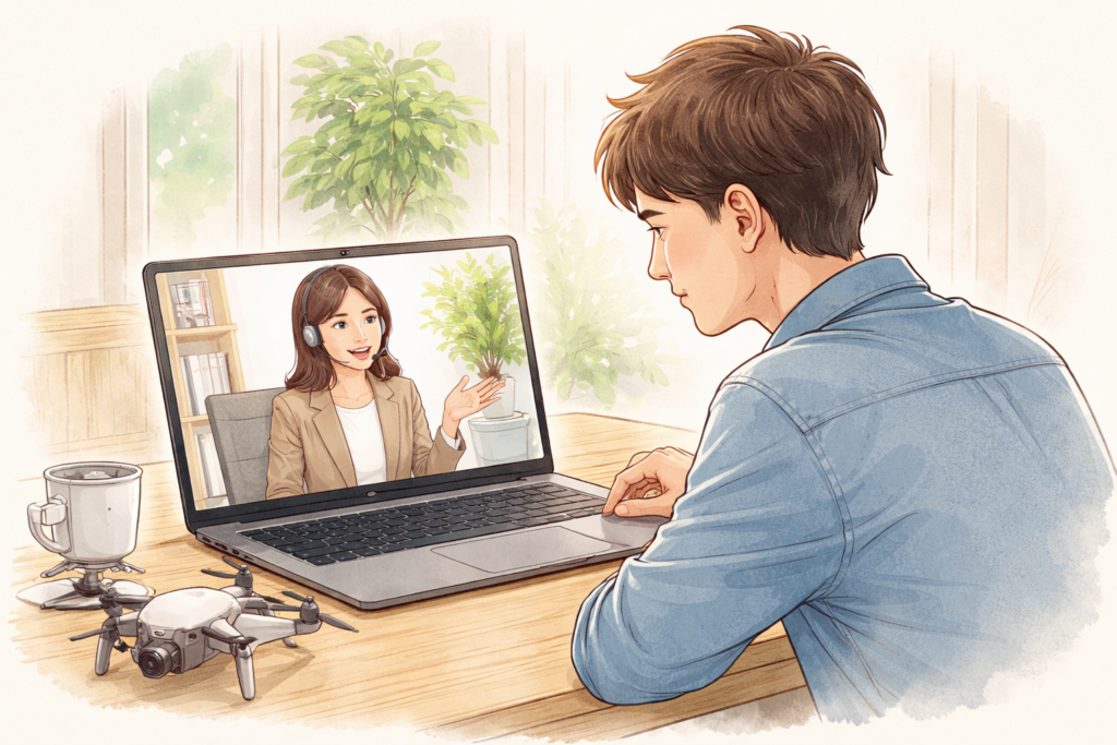 ノートパソコンでドローン国家資格のオンライン相談を受ける男性。机の上には小型ドローンが置かれ、画面の中の女性相談員が身振りを交えて説明している様子。