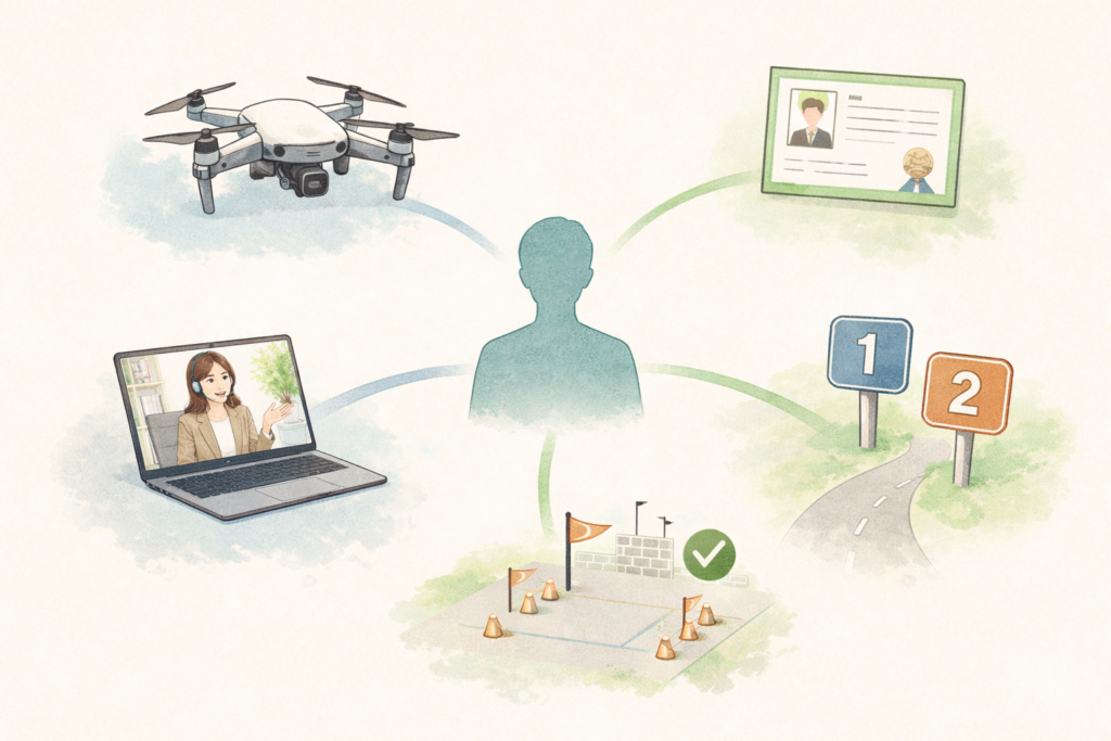 中央の人物シルエットを中心に、ドローン機体、国家資格証、オンライン相談画面、実地試験会場、そして一等・二等の分岐イメージが円状につながった、ドローン国家資格取得までの流れを示す図解イラスト。