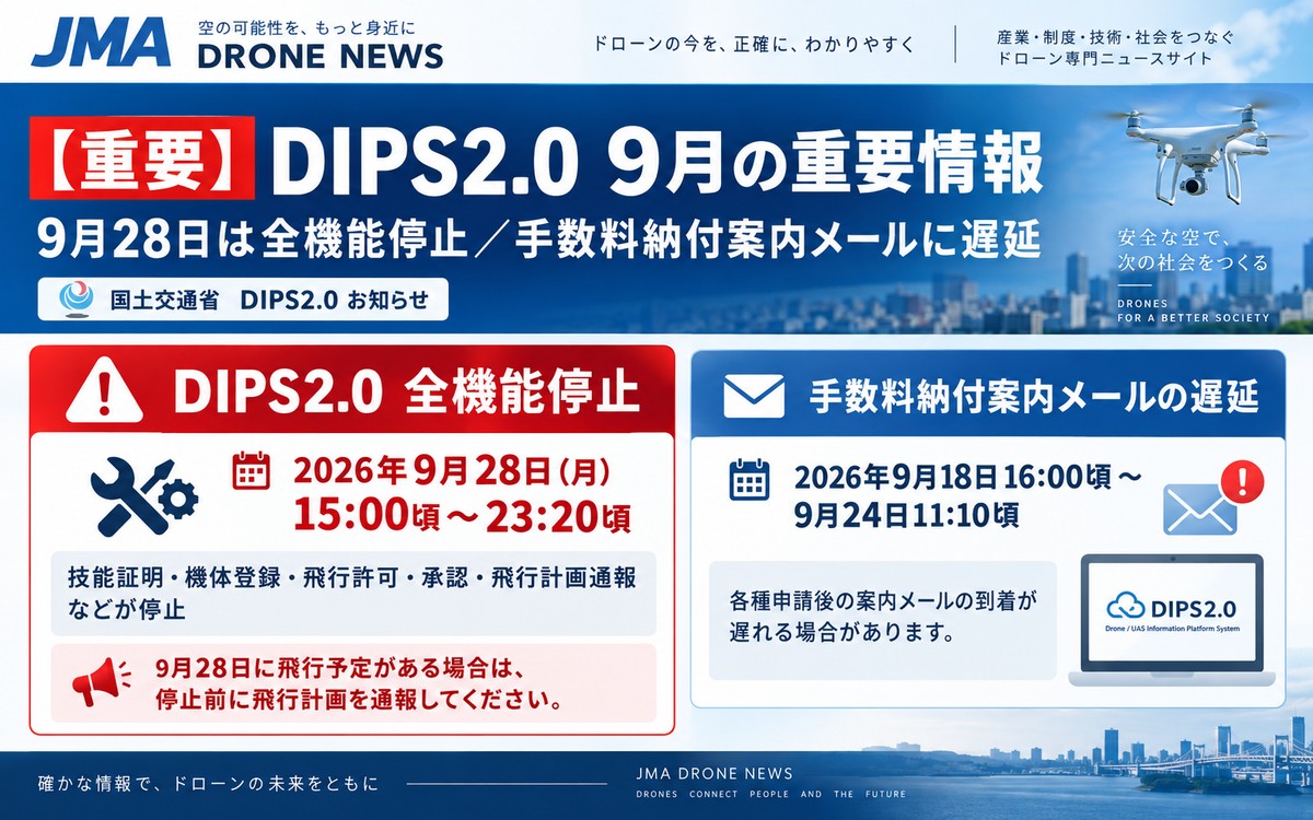 2026年9月28日のDIPS2.0全機能停止と手数料納付案内メール遅延を知らせるJMAニュースのアイキャッチ